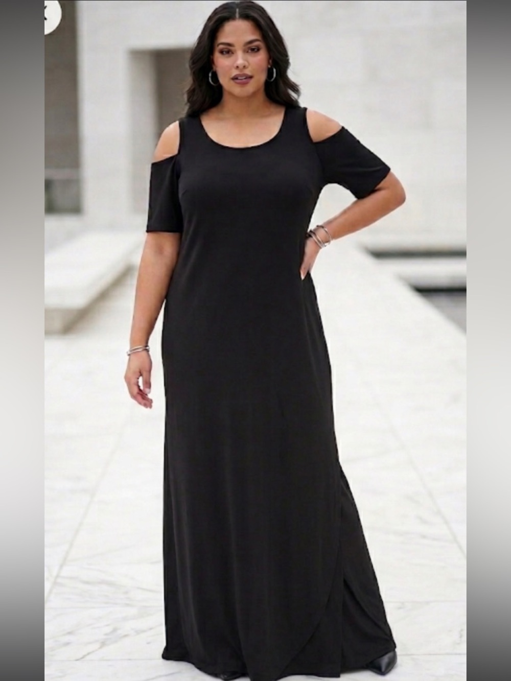 Chico’s 3 Black Cold Shoulder Maxi Dress XL/16 Matte Formal Modern Gothic Witchy